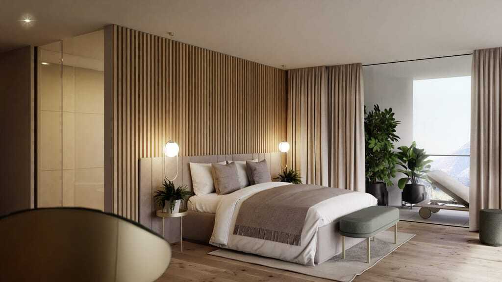 Nature Suite im AVIDEA mit beige und weißfarbenem Bett und Holzwand