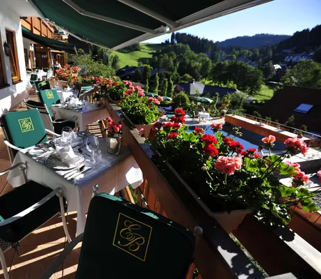 Außenterrasse des Restaurants im Bergfried Hotel mit roten Blüten