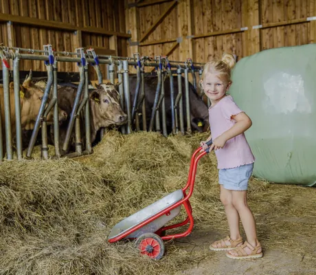 Mädchen mit roter Schubkarre füttert die Kühe im Familotel Schreinerhof