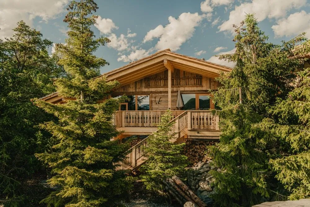 Blick auf das Baumchalet des Chalet Resort ZU KIRCHWIES umgeben von B&auml;umen