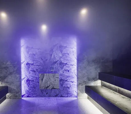 Dampfbad im Terentnerhof mit blauen Blätterornamenten an der Rückwand