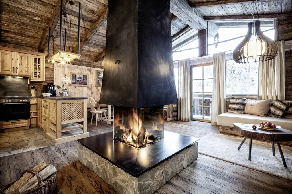 Wohnbereich in Holz- und Steinoptik in einem der Chalets des Bergdorf Prechtlgut mit verglastem Kamin in der Mitte, Sitzbank und Küche