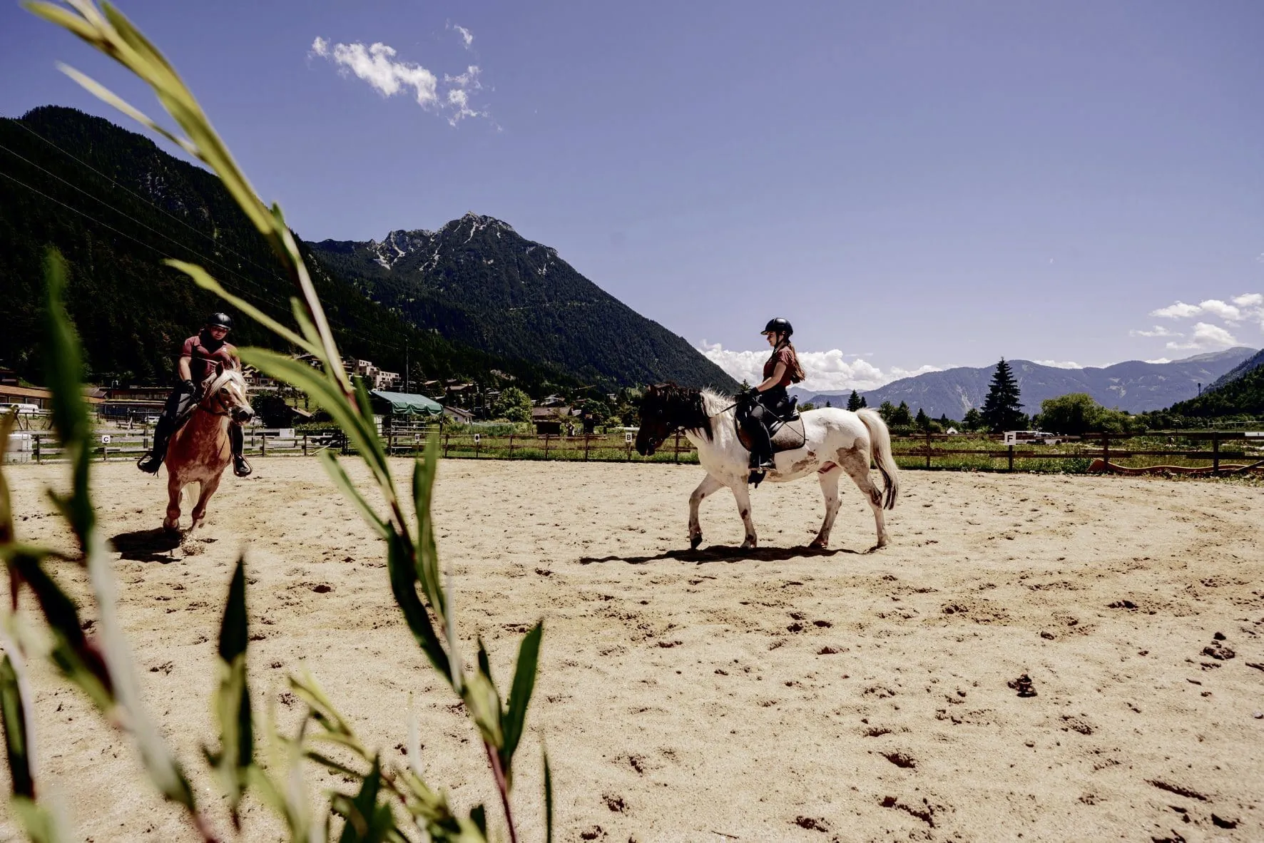 zwei Reiter auf dem Reitplatz des Familienresort Buchau mit Bergen im Hintergrund