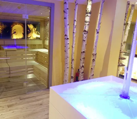 Sauna im Wellnesshotel Tanne mit Bildern aus einer Glasbläserei
