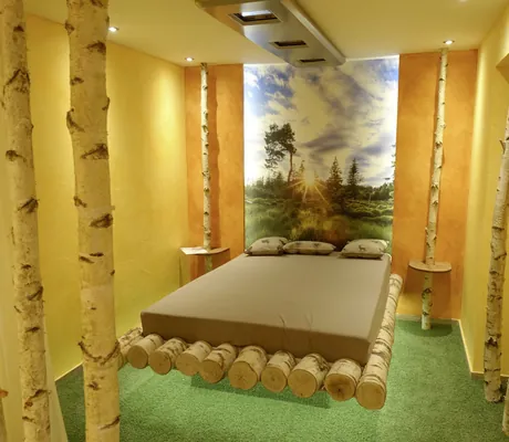 Hängeliege aus Birkenstämmen über grünem Teppich im Wellnesshotel Tanne