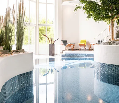 abgerundeter Pool im Hotel Wutzschleife mit Gräsern am Rand im Hotel Wutzschleife