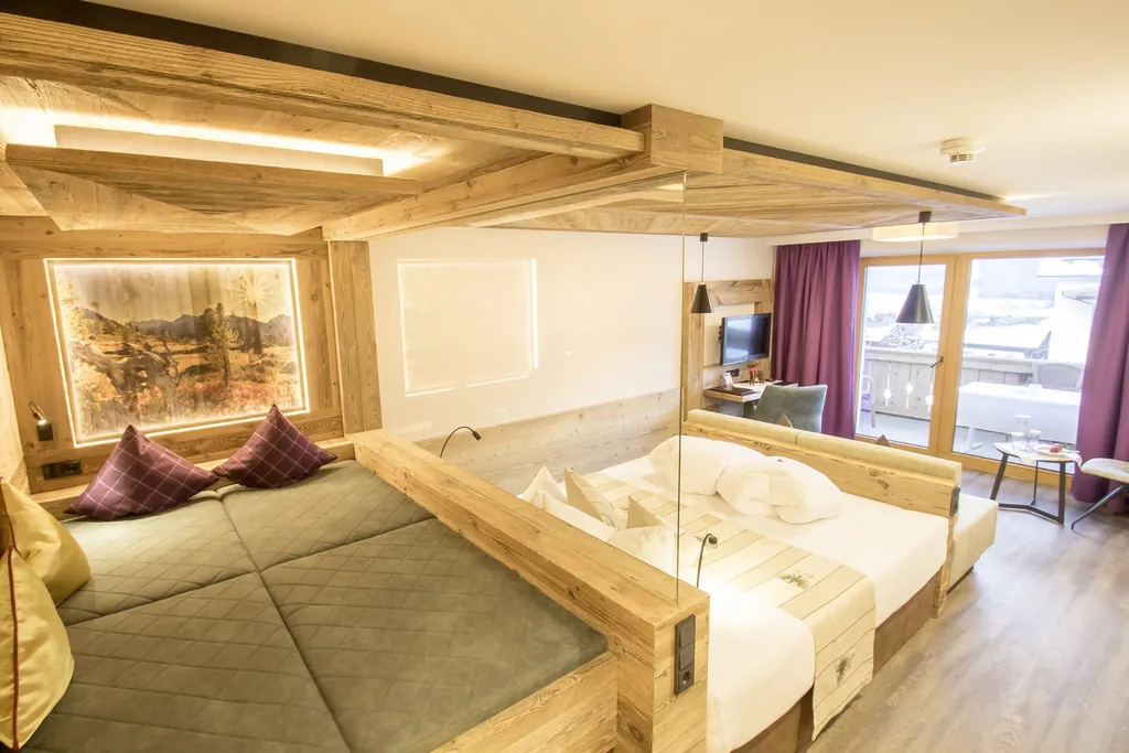 Zimmer im Gartenhotel Magdalena mit Blick auf den Balkon und grauem Daybed