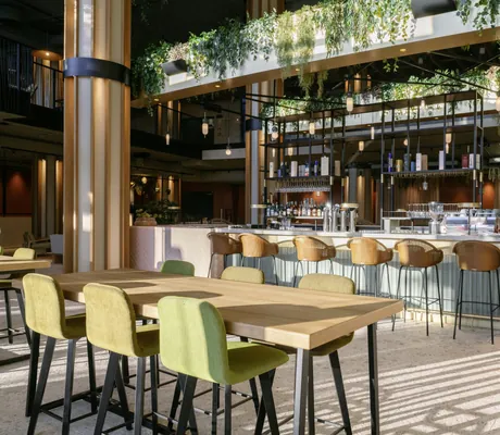 Bar im A-ROSA Lago di Garda mit üppigen Hängepflanzen und Korb-Hochstühlen