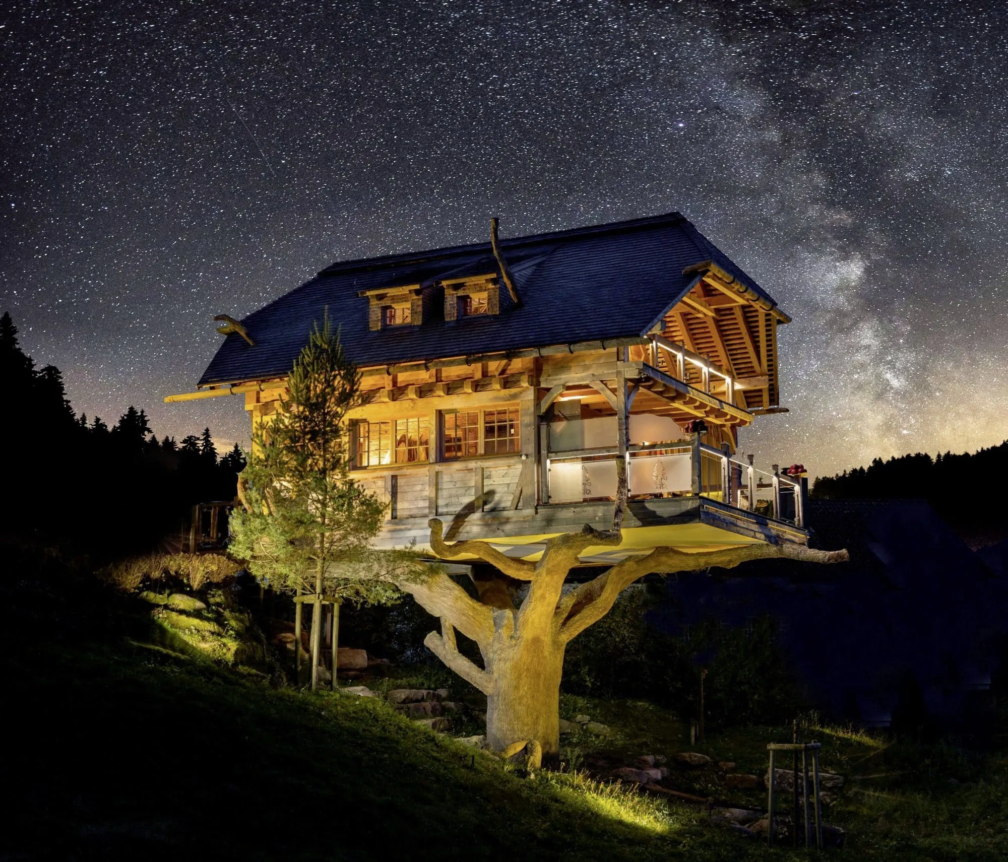 Beleuchtete Baumhaussauna des Wellnesshotel Tanne bei Nacht unter Sternenhimmel