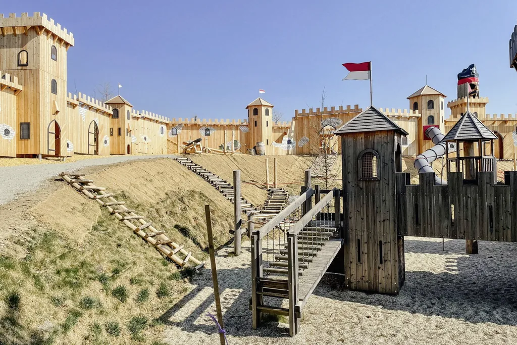 Eine riesengroße Ritterburg aus Holz. In der Mitte ein Spielplatz mit Türmen, Kletterelementen und Röhrenrutsche.