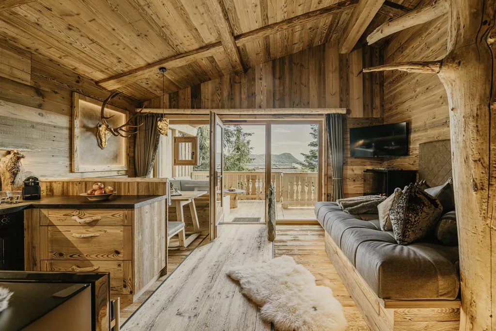 Wohnbereich mit Küche in Altholz-Handwerkskunst im Baumchalet ZU KIRCHWIES