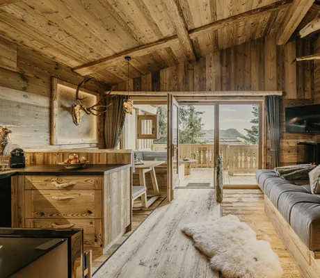 Wohnbereich mit Küche in Altholz-Handwerkskunst im Baumchalet ZU KIRCHWIES