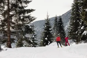 Paar in roter Skibekleidung skatet mit den Langlaufskiern durch den Wald im Chalets Valsegg