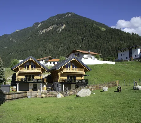 Außenansicht der Summit Lodges im Blockhaus-Stil mit kleiner Weide und großem Berg im Hintergrund