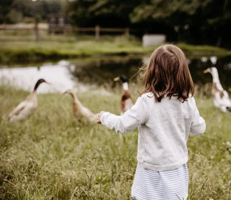 Mädchen steht mit dem Rücken zur Kamera auf einer grünen Wiese in der Nähe des Familotel Landhaus Averbeck mit Teich und Gänsen im Hintergrund