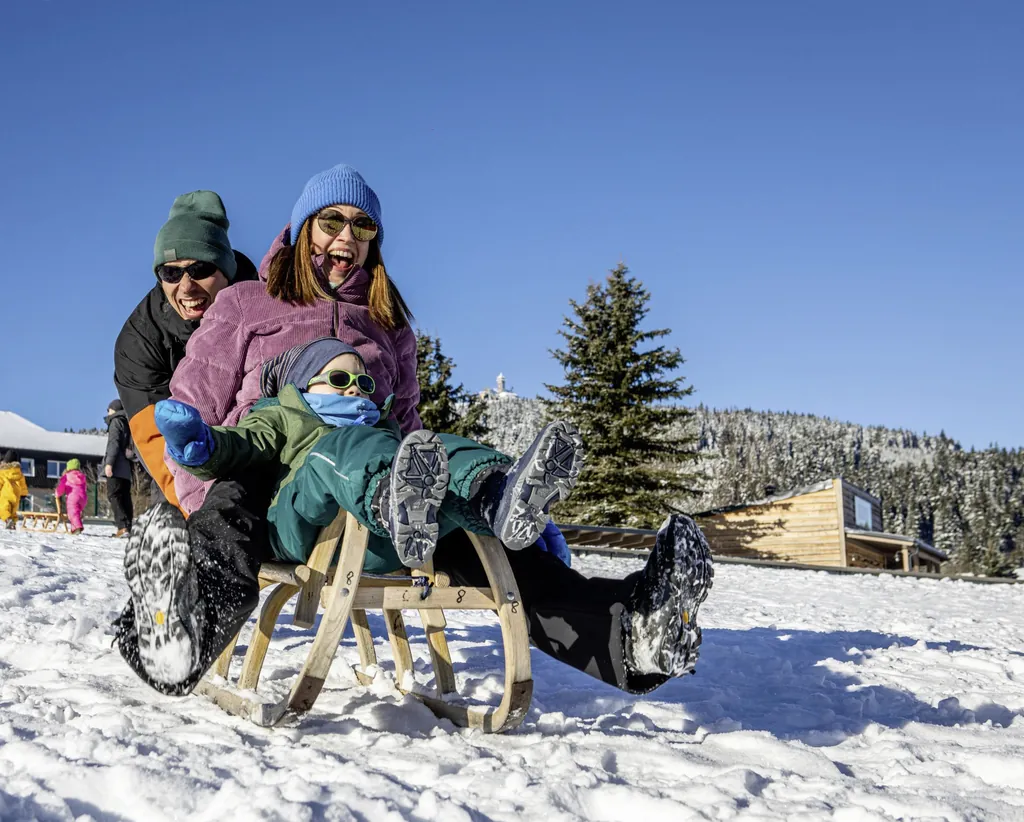 Eltern und kleiner Junge in Winterbekleidung fahren im Schnee auf einem Holzschlitten und lachen