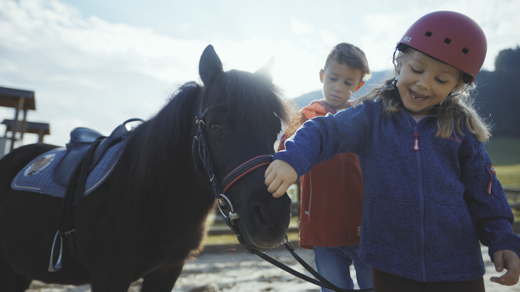 Mädchen und Junge streicheln ein dunkelbraunes, gesatteltes Pony des Bauernhof Hotel Oberschwarzach