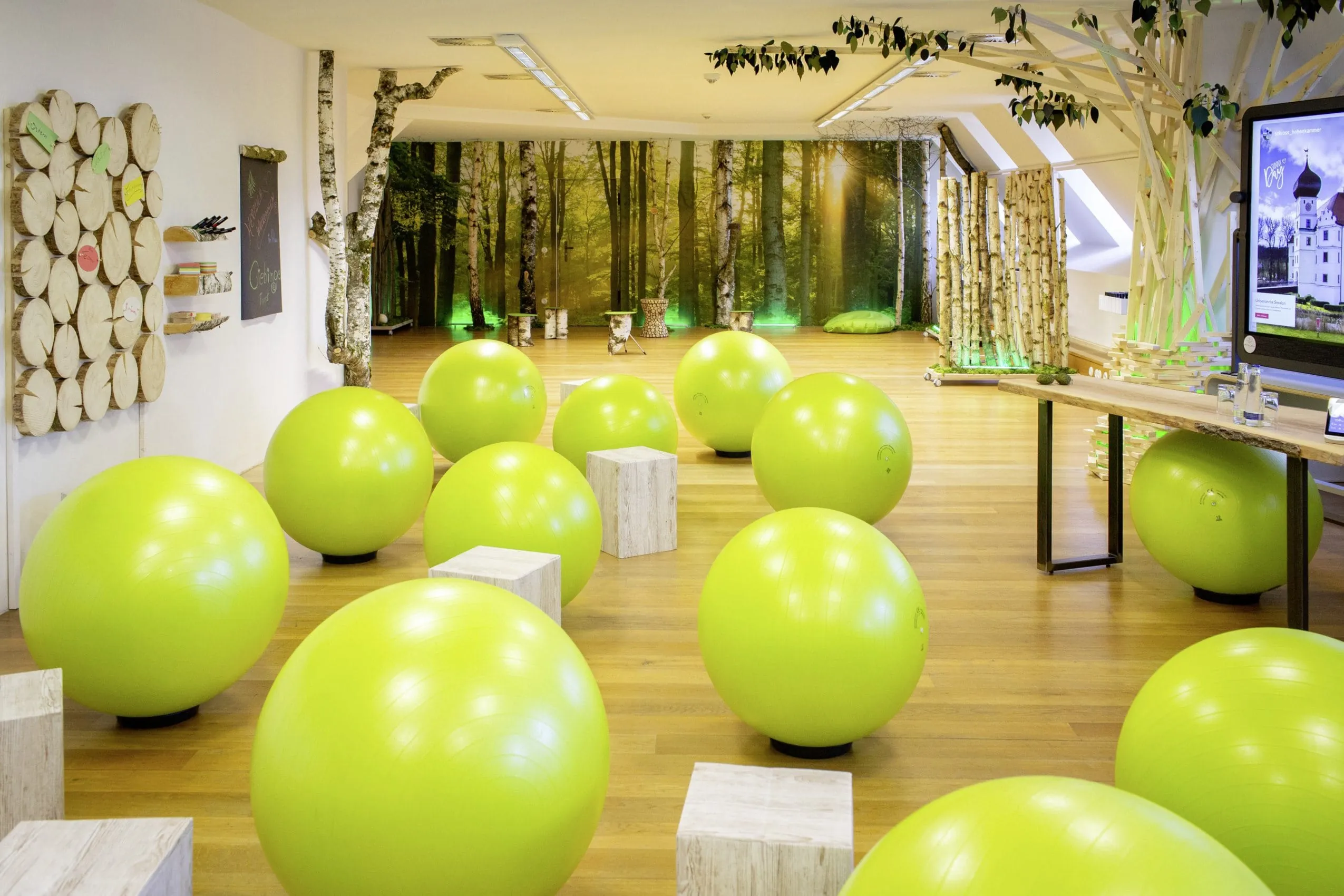 Tagungsraum im Schloss Hohenkammer mit knallgr&uuml;nen B&auml;llen in Waldoptik