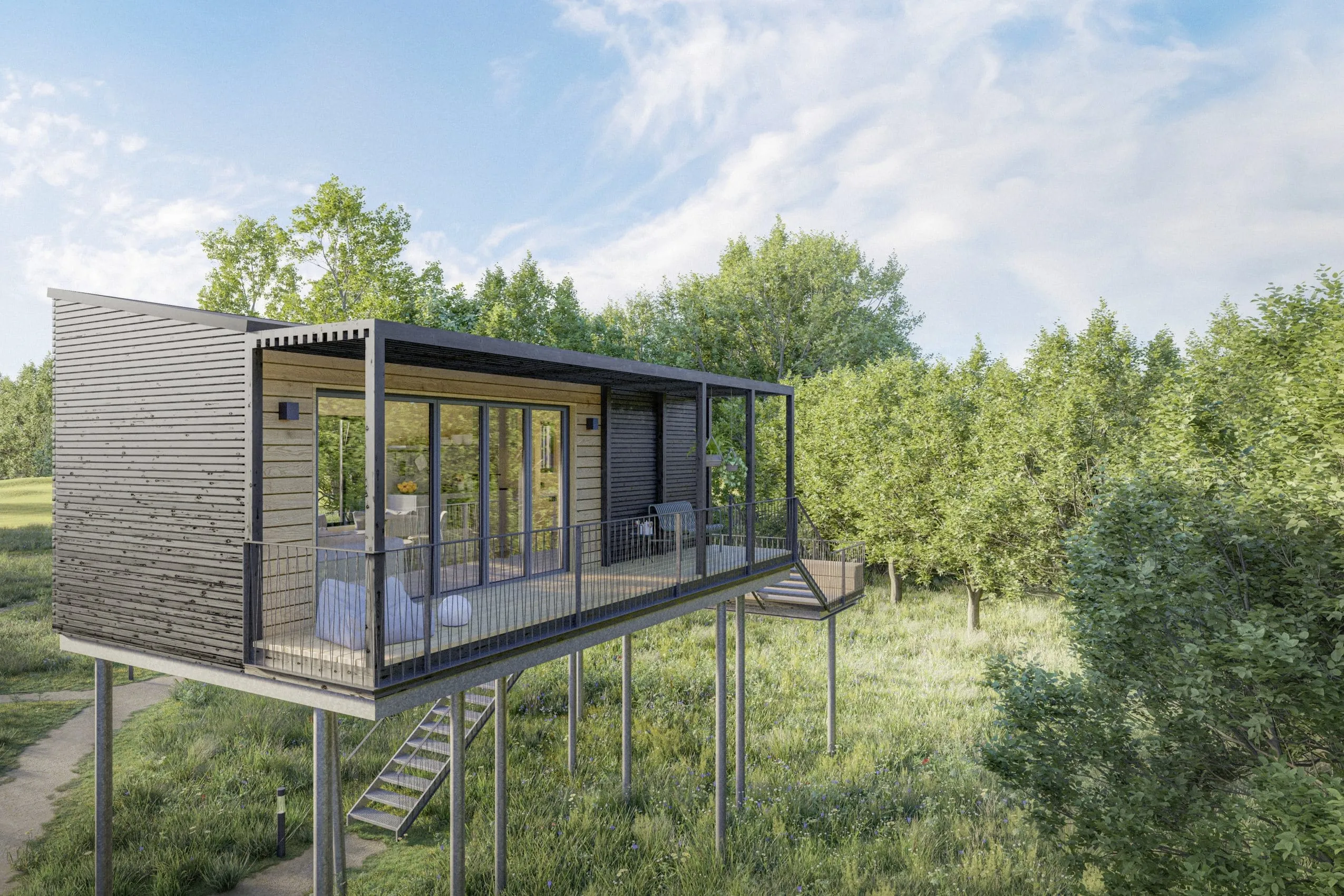 Lodge mit Balkon des Ostsee Baumhaushotels mitten in der Natur und auf Stelzen