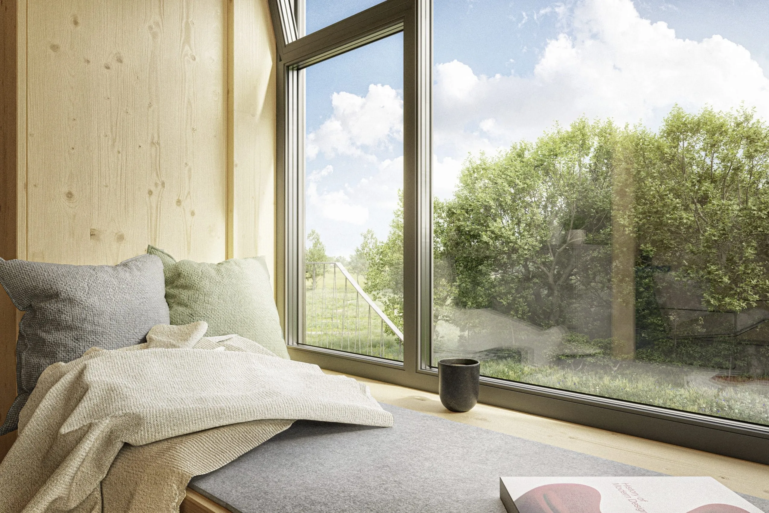 Blick aus den gro&szlig;en Panoramafenstern der Ostsee Baumhaushotels in die Natur