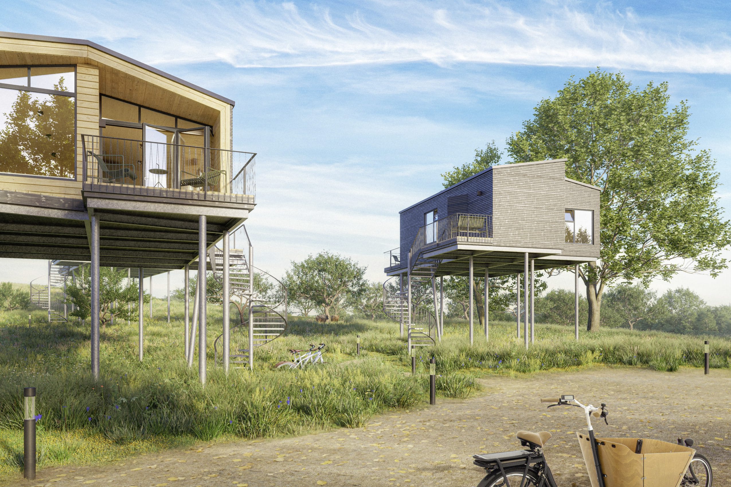 Ansicht des Baumhauses und der Lodge auf Stelzen des Ostsee Baumhaushotel