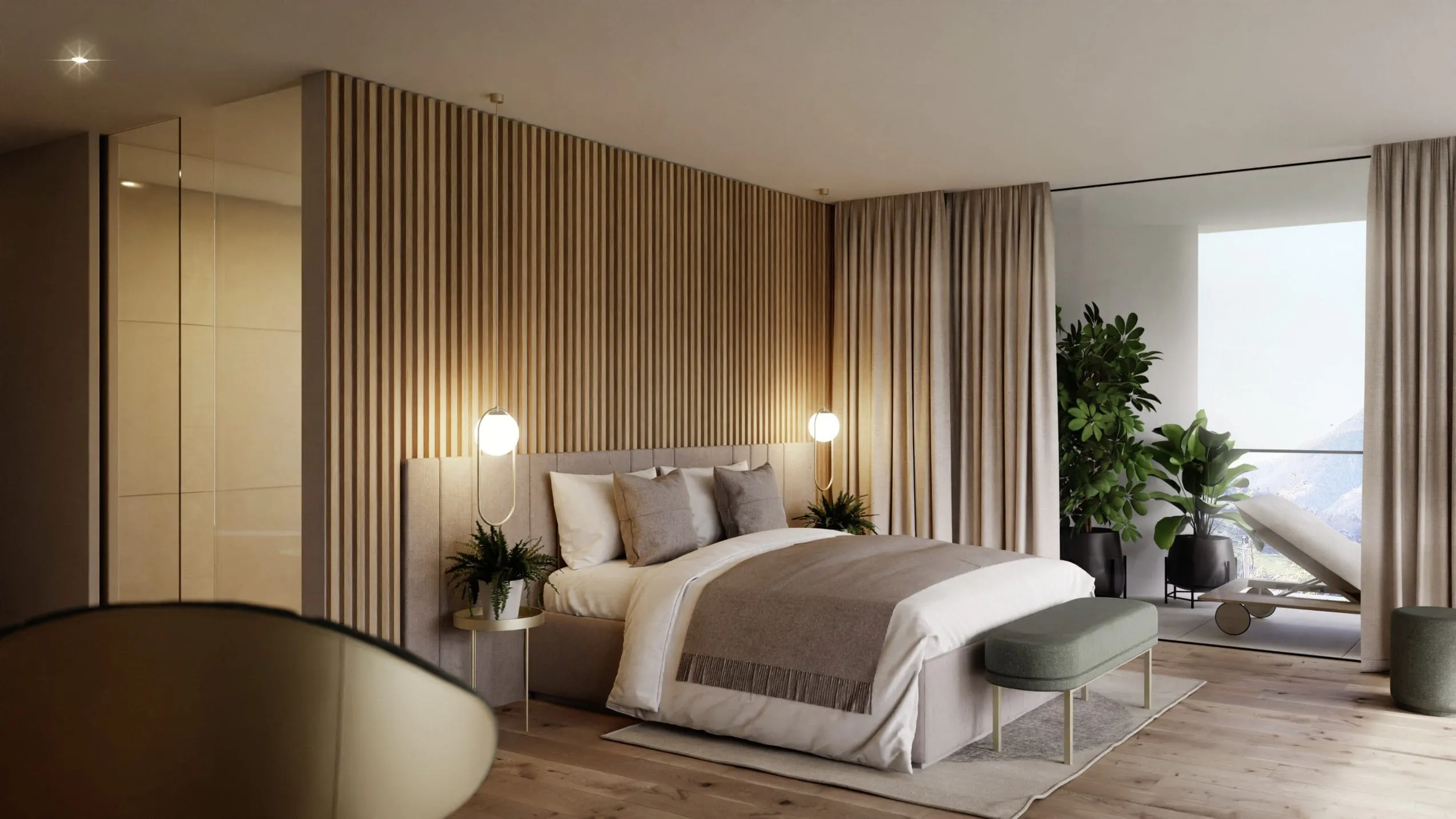 Nature Suite des AVIDEA mit gem&uuml;tlichem Interior in beige und wei&szlig; sowie einigen Holzelementen