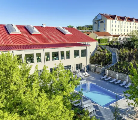 Outdoorpool hinter dem Haus mit Liegen, umgeben von grünen Bäumen, Wiesen und Sträuchern