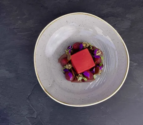 eckiges rotes Dessert auf grauem Steingutteller im Hotel FreiWerk