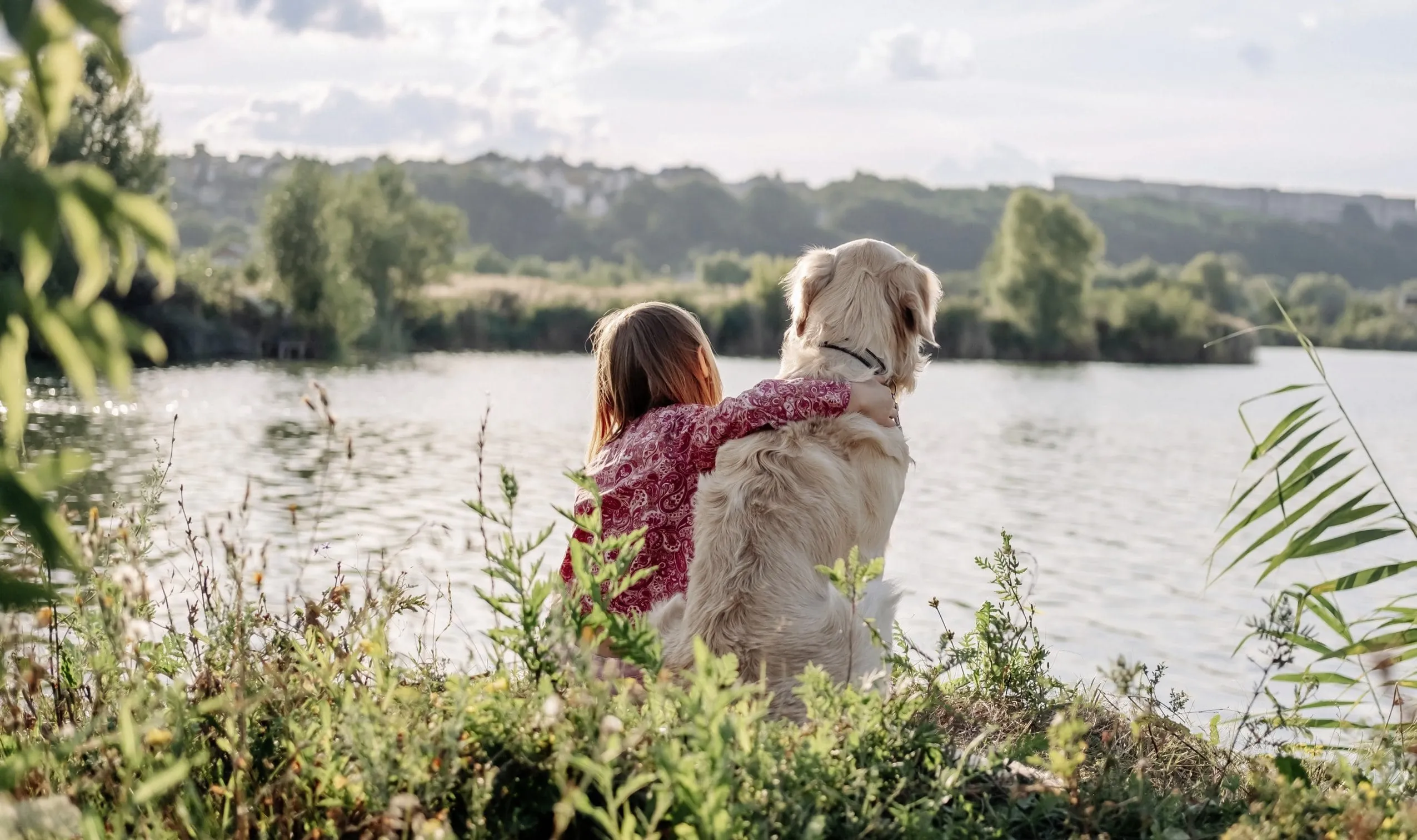 Junges Mädchen legt ihren Arm auf Golden Retriever, beide blicken auf einen idyllischen See, umgeben von grüner Natur