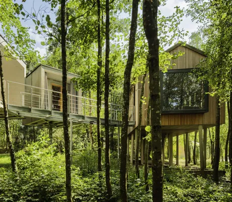 Auf Stelzen stehendes Baumhaus mitten im Wald des Hofgut Hafnerleiten