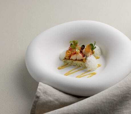 Fein angerichtetes Gourmetgericht des Gourmetrestaurants im Hotel Vier Jahreszeiten Starnberg mit glaciertem Hummer, Kräutern und Sauce auf weißem Teller mit breitem Rand
