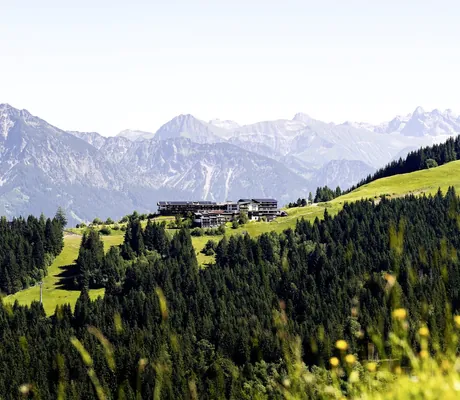 Familienhotel Allgäuer Berghof auf einem bewaldeten Hügel mit Alpenpanorama im Sommer