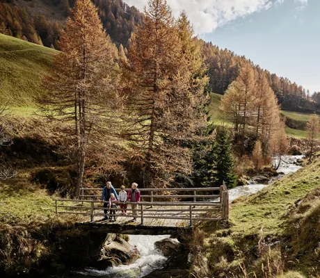 Familie wandert über eine Holzbrücke in herbstlicher Berglandschaft mit Bach und Nadelbäumen in der Nähe des Falkensteiner Family Resort Lido