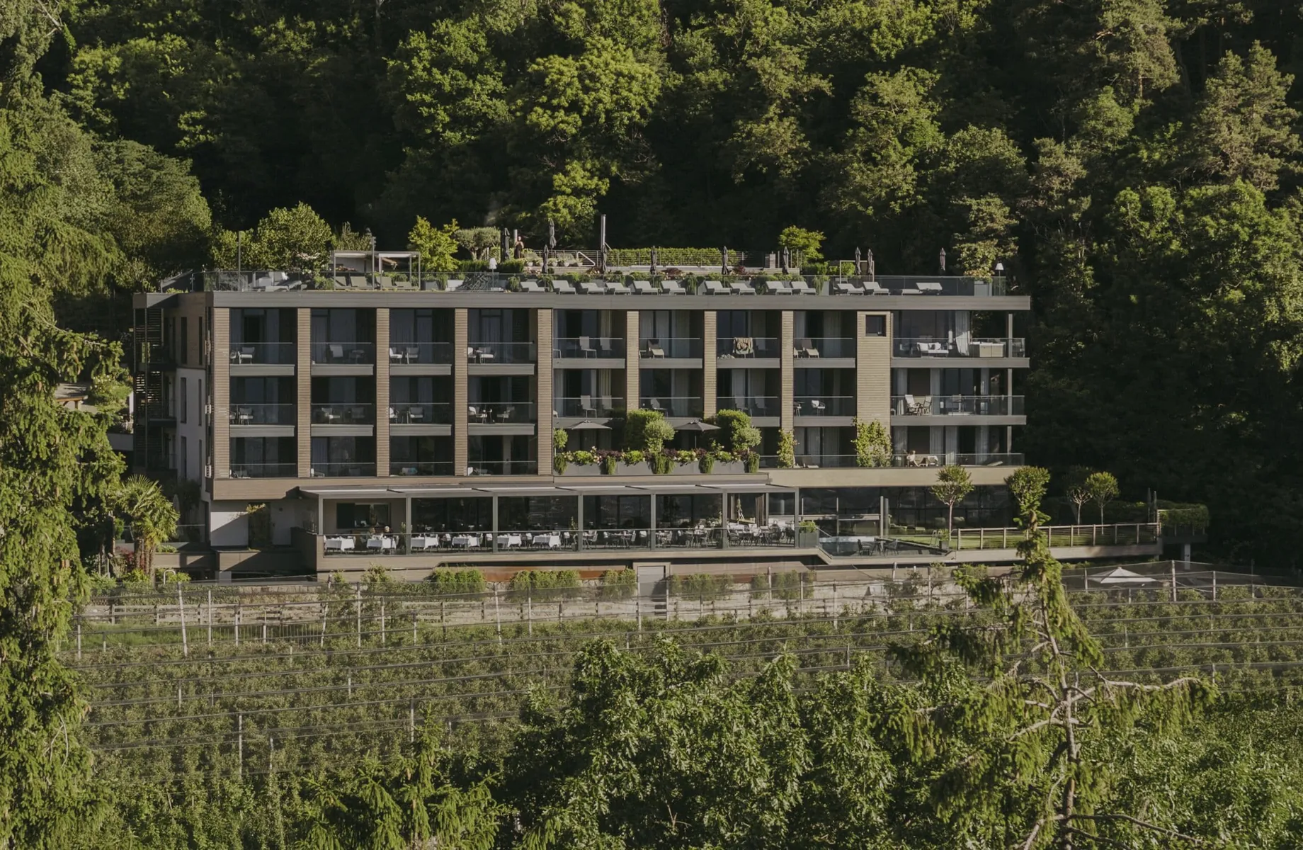 Außenaufnahme des Hotel Avidea inmitten der Wälder rund um Algund