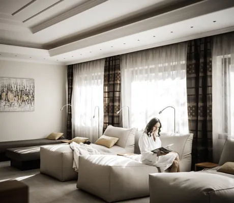 dunkelhaarige Frau sitzt auf einer Ruheliege im Romantik Hotel Stafler und liest Zeitung