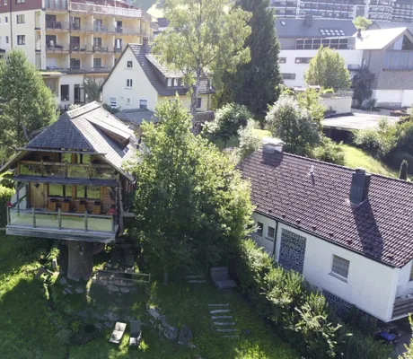 Baunhaussauna im Wellnesshotel Tanne vor der Hotelfassade mit den Balkonen