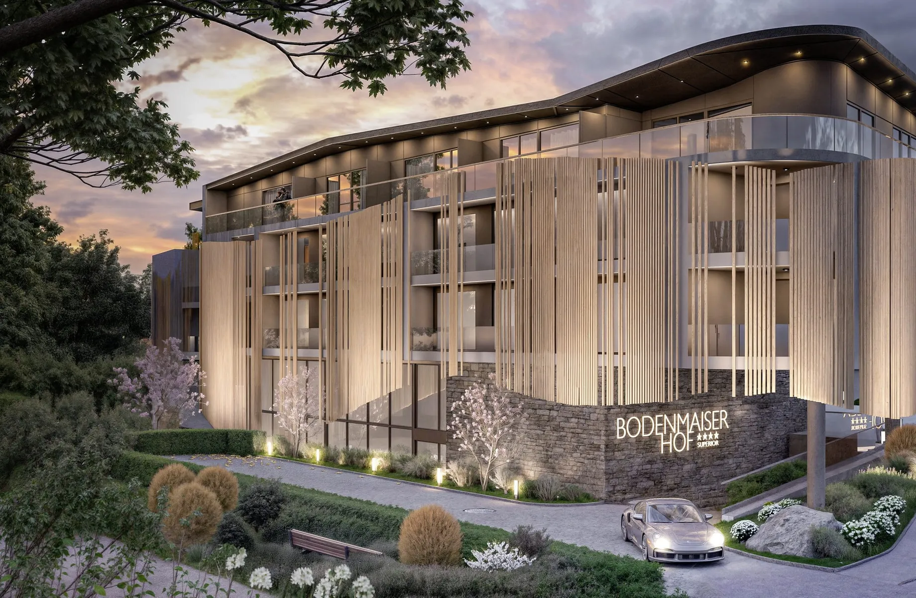 Gesamtansicht von außen Bodenmaiser Hof mit Porsche davor