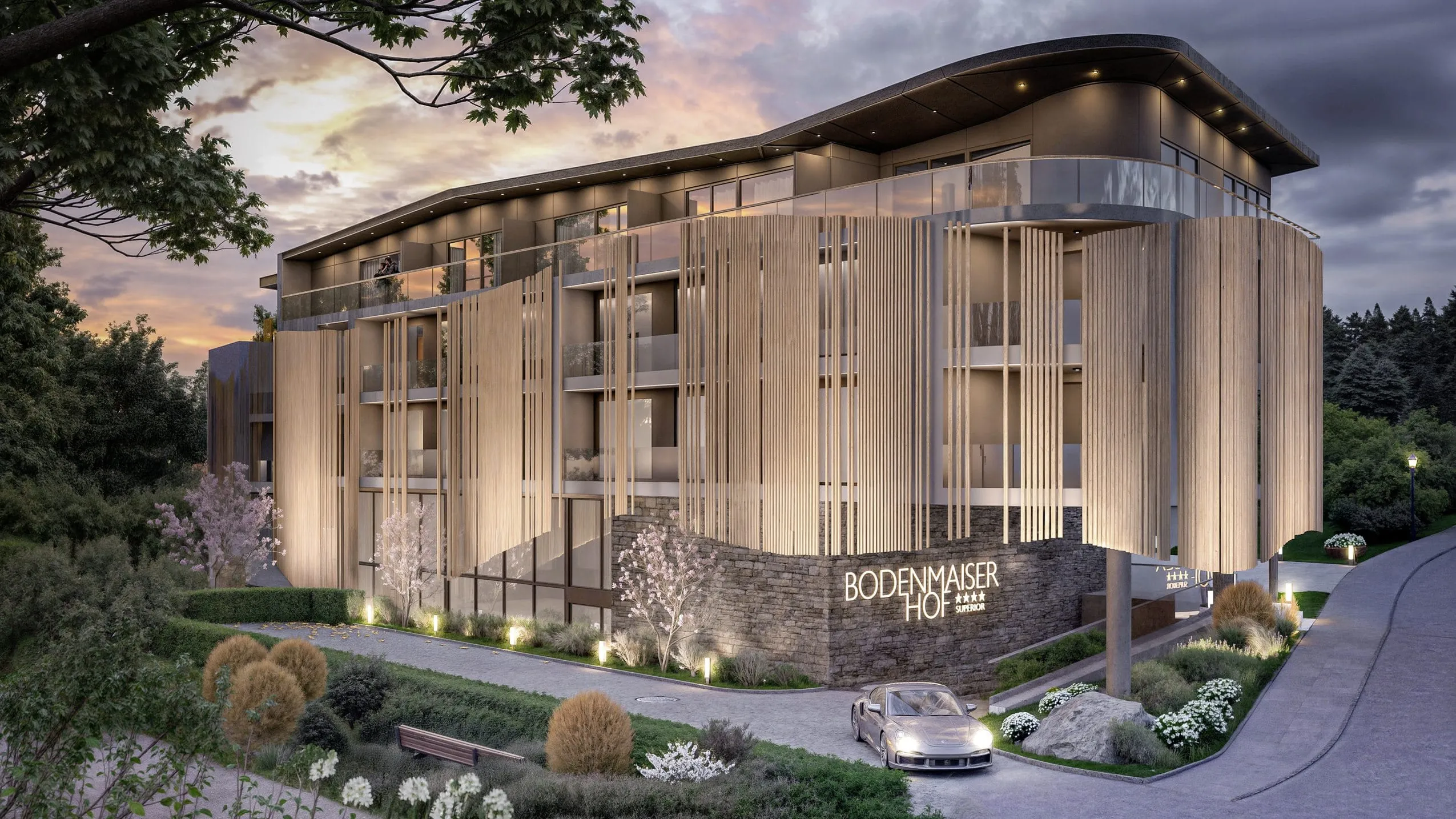 Gesamtansicht von außen Bodenmaiser Hof mit Porsche davor