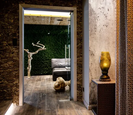 Gang im Spa des Bodenmaiser Hof mit Blick auf Mooswand und Schwemmholzast