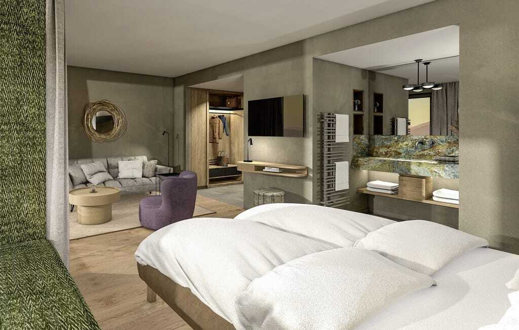 Doppelzimmer im Bodenmaiser Hof mit grüner Sitznische und Loungeecke mit lila Sessel