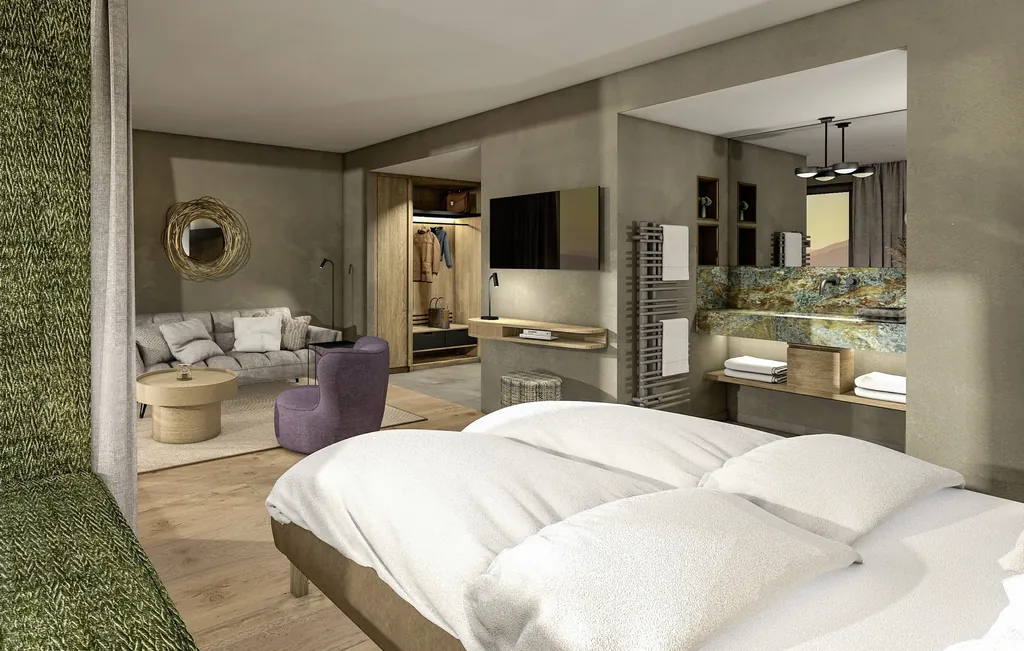 Doppelzimmer im Bodenmaiser Hof mit grüner Sitznische und Loungeecke mit lila Sessel