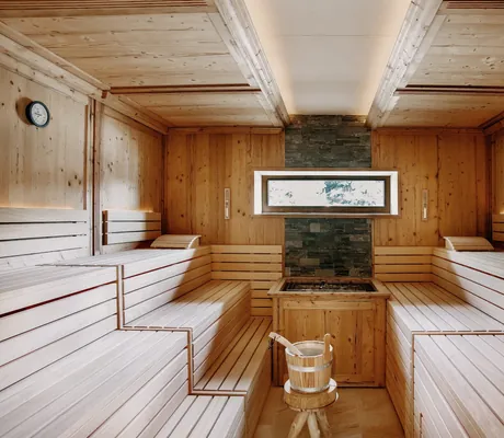 Vollholz-Sauna mit Granitplatte am Ofen und Fenster im Der Eisvogel