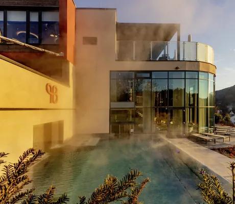 Outdoorpool und Glasanbau mit Blick auf die Wiese des Pfalzblick Wald Spa Resort