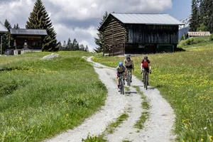 Drei Radfahrer auf einem geschotterten Weg zwischen grünen Wiesen und Holzhütten unter bewölktem Himmel in der Nähe des Hotel Mischun