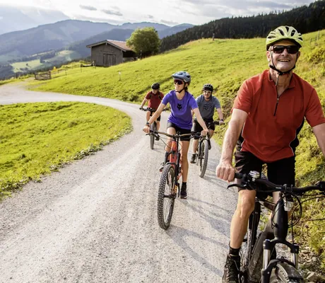 vier Personen mit Helm und Sonnenbrillen fahren mit Fahrrädern einen Bergweg hinauf