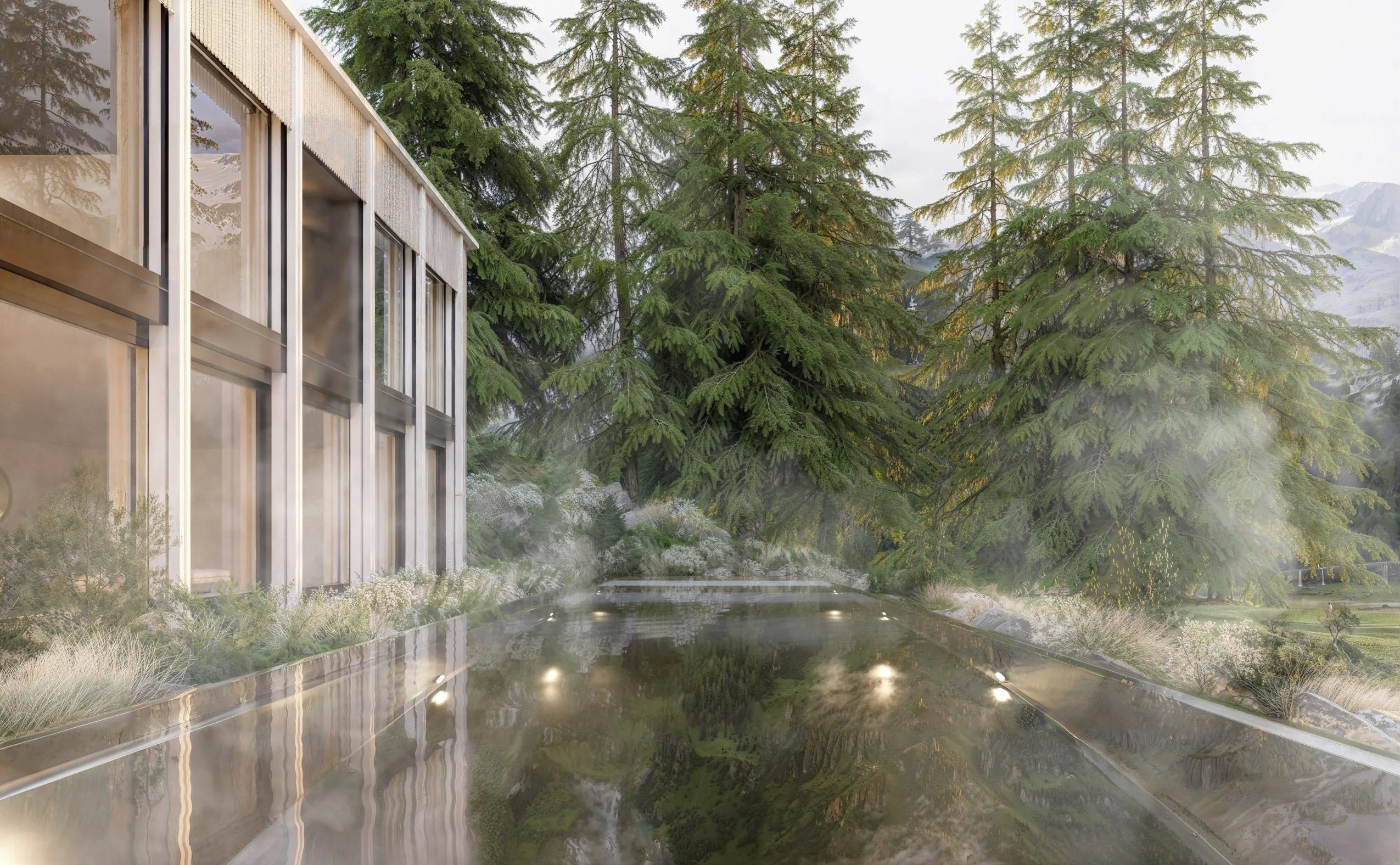 Outdoorpool im Suvretta House mit dampfendem Wasser und Blick auf die Tannen