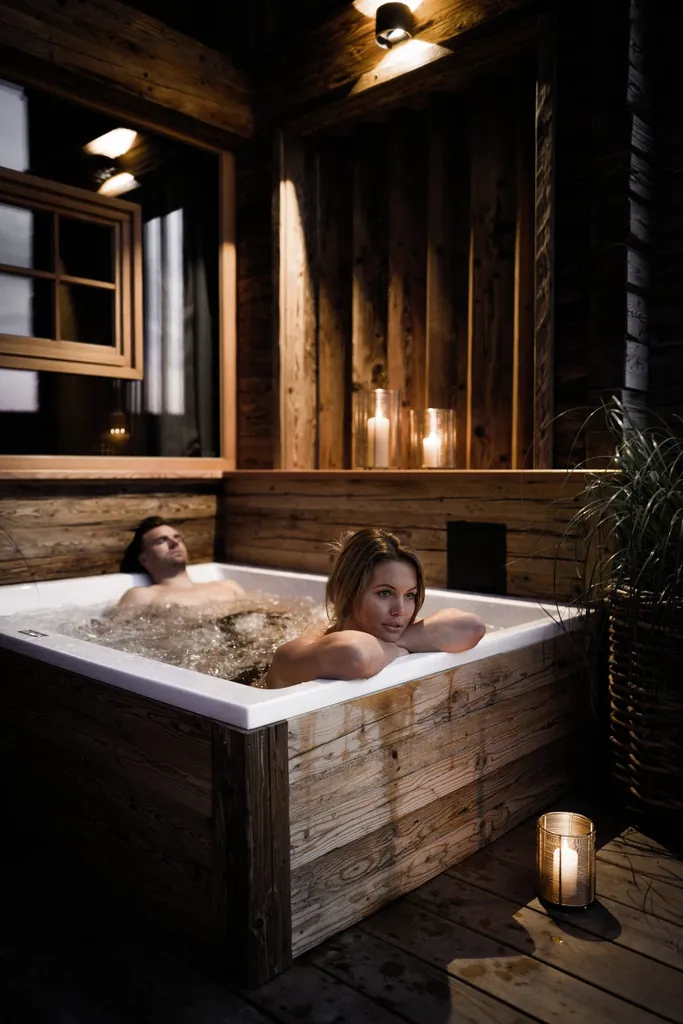 Zwei Personen entspannen in einem Holz-Whirlpool auf der Terrasse der Alpzitt-Chalets bei Kerzenlicht