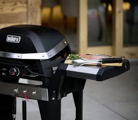 Schwarzer Weber-Gasgrill der Ziegelberg Chalets mit geschlossenem Deckel, zwei Drehreglern und seitlicher Ablage mit Grillzange, Fisch und Kräutern