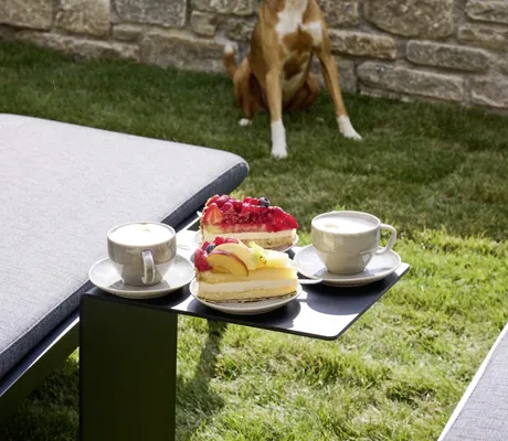 Braun-weißer Hund sitzt im Garten der Ziegelberg Chalets vor einer Steinmauer, im Vordergrund schwarzer Tisch mit zwei Tassen Kaffee und zwei Kuchenstücken
