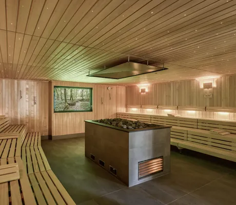 große Sauna im Hotel am Vitalpark mit LED-Holzdecke